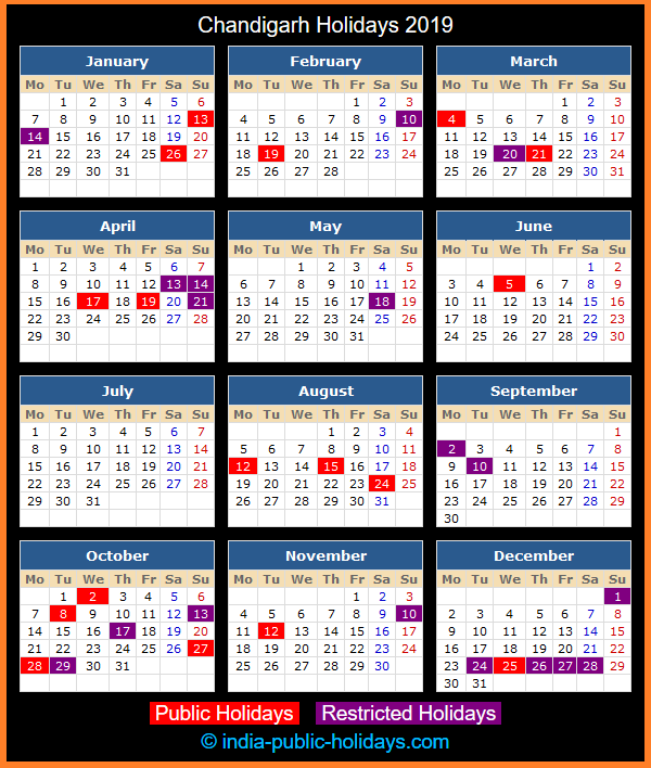 Chandigarh Holiday Calendar 2019